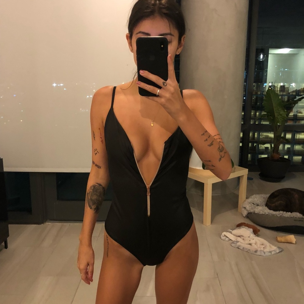 Dbrie black zipper faux leather one piece